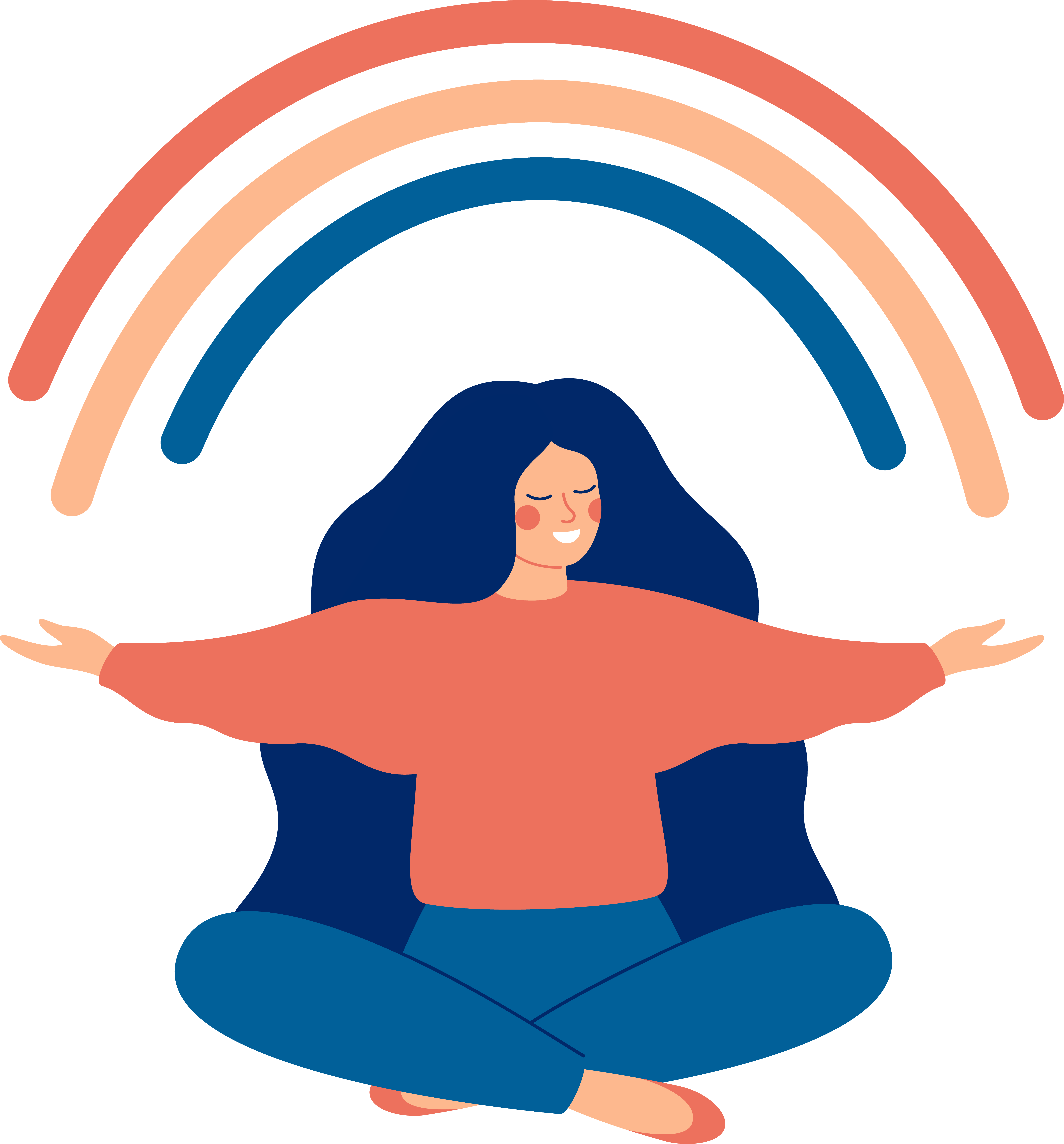 Girl sitting cross-legged with outstretched arms and a rainbow above