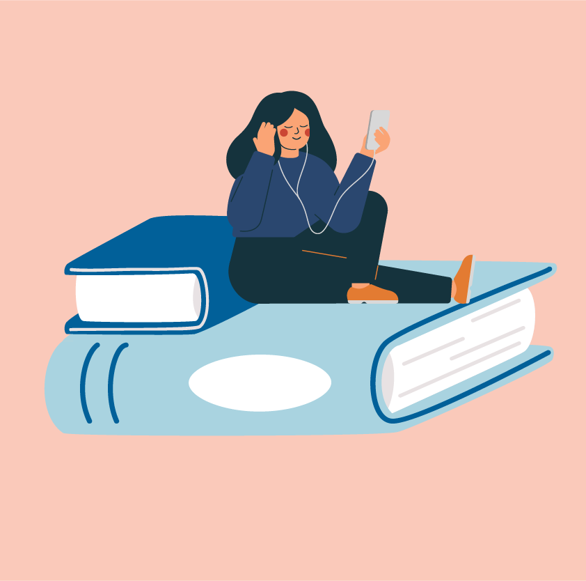 girl with phone on books Girl sitting on books listening to smartphone