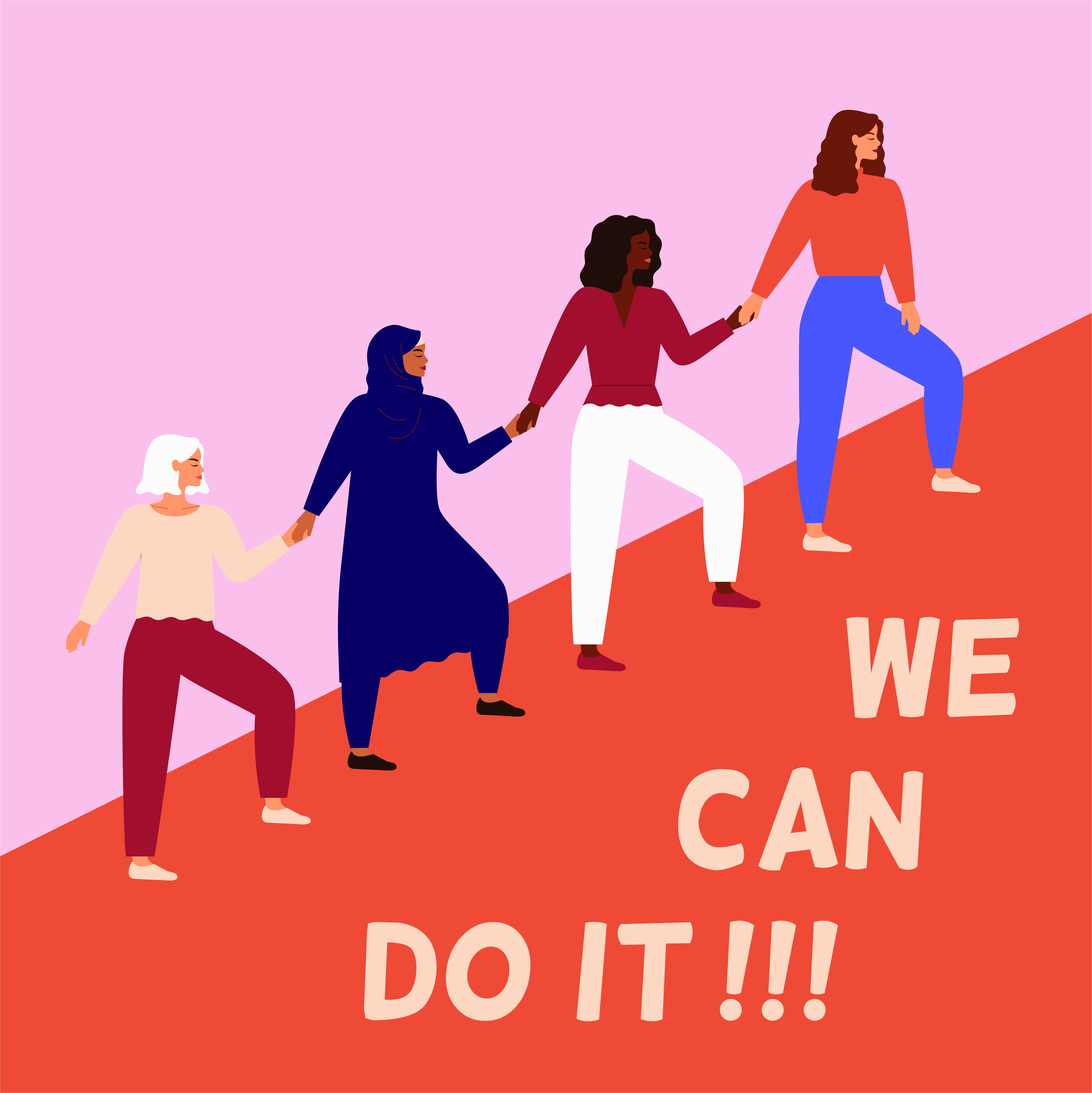 women helping each other up hill Four mult-cultural women helping each other up a hill with 'We Can Do It!!!' written underneath